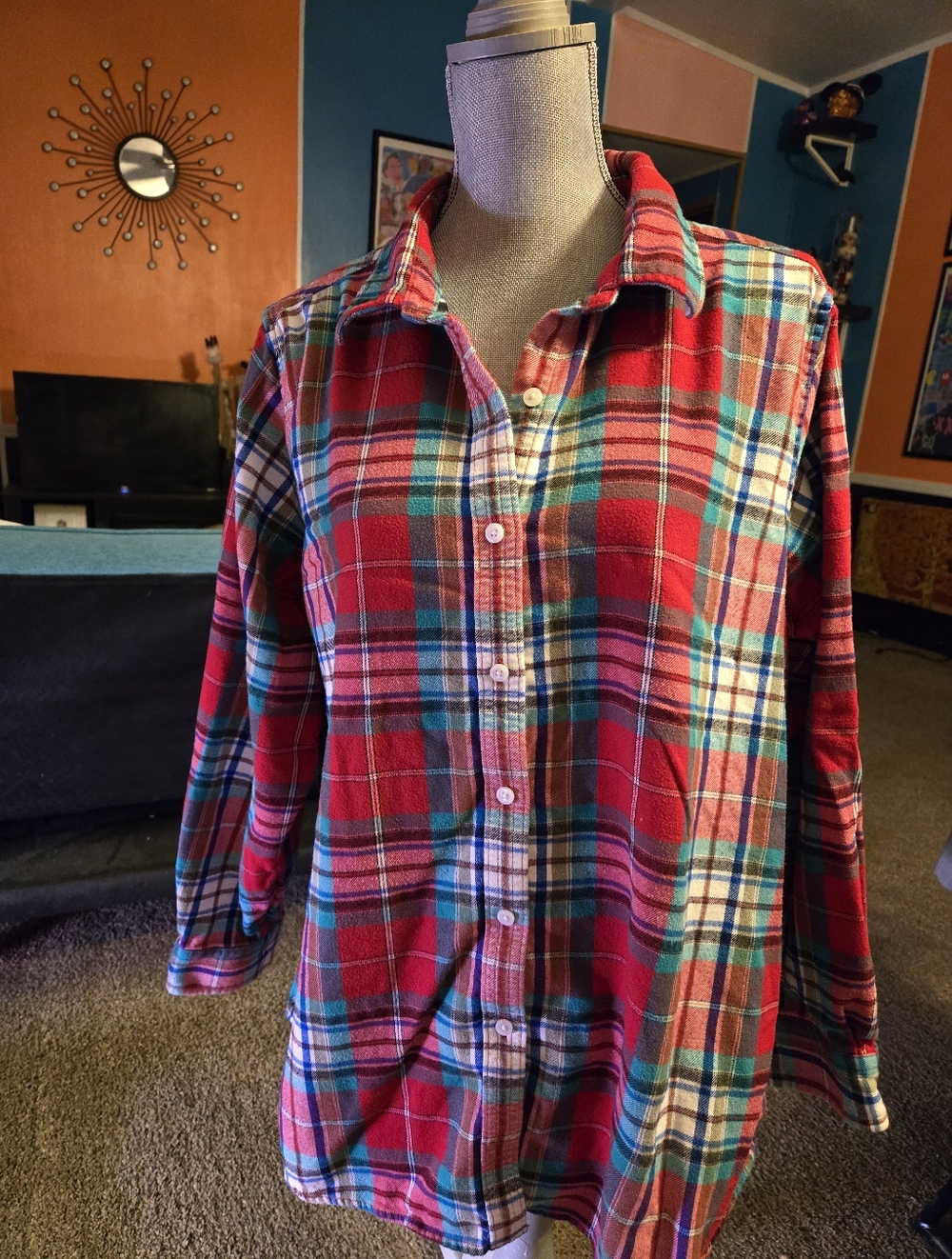Lands End Flannel Shirt US Women's Plus Size 22W Soft Red Green Blue 100% Cotton